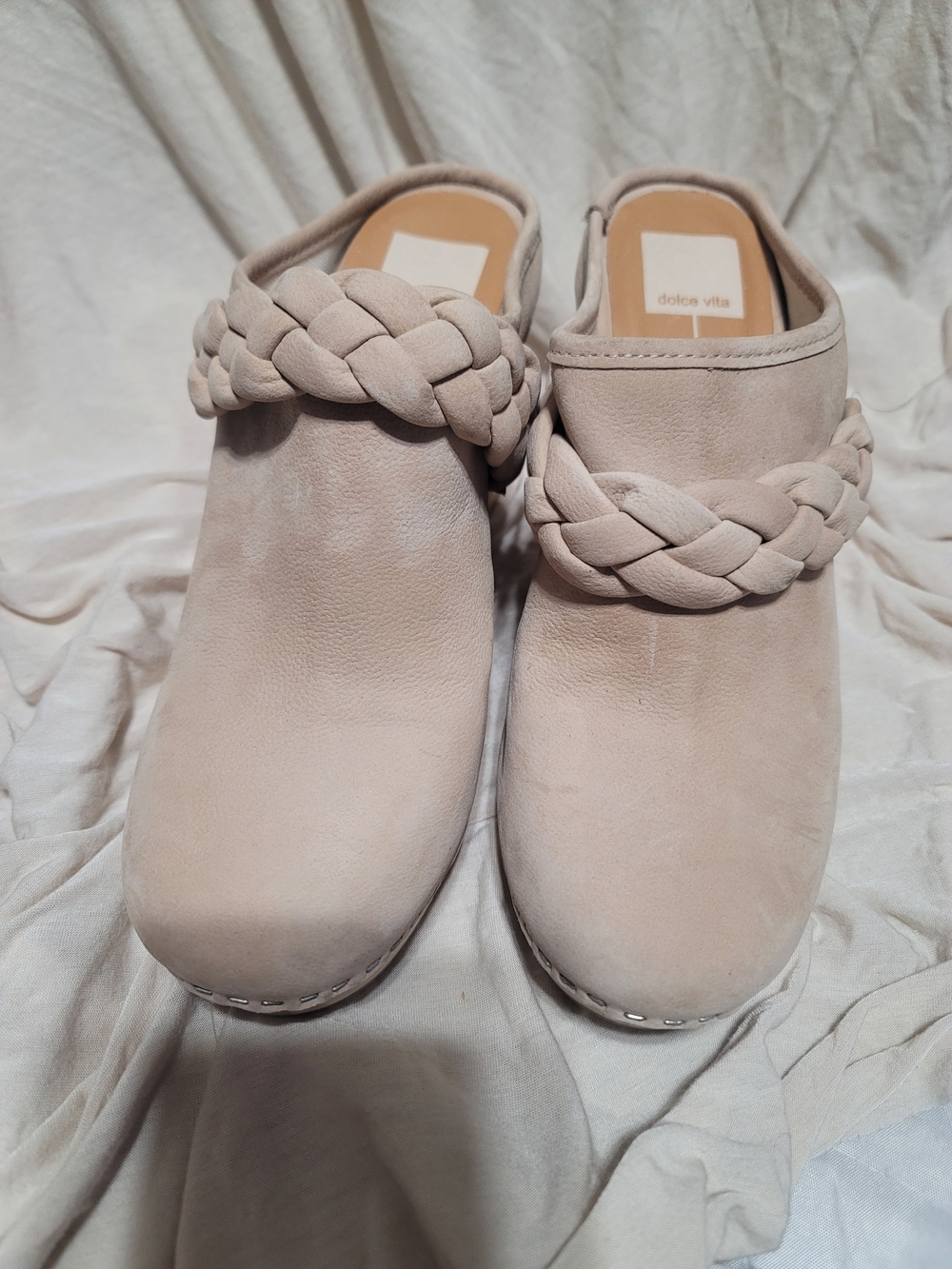 Dolce Vita Braided Leather Platform Clogs Nude Beige Suede Wood Heel EUC 8.5 - Picture 5 of 13